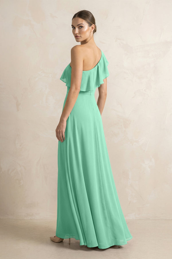 Ruffled One - Shoulder A - Line Chiffon Bridesmaid Dress in Turquoise - KissProm Bridesmaid Dresses