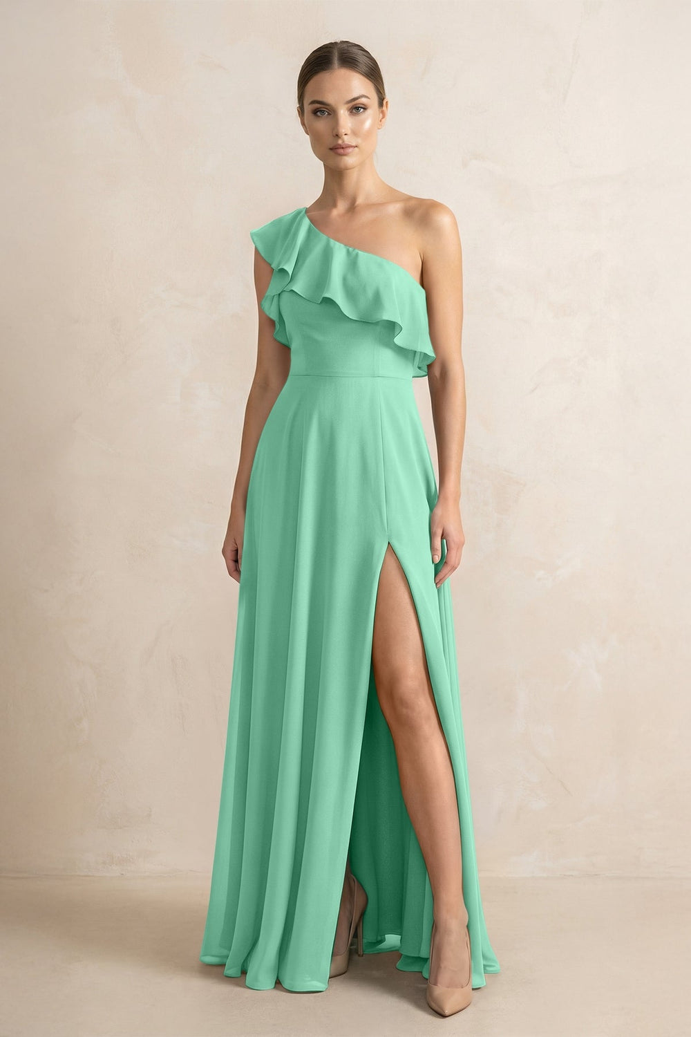 Ruffled One - Shoulder A - Line Chiffon Bridesmaid Dress in Turquoise - KissProm Bridesmaid Dresses