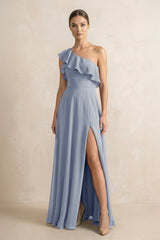 Ruffled One - Shoulder A - Line Chiffon Bridesmaid Dress in Twilight - KissProm Bridesmaid Dresses