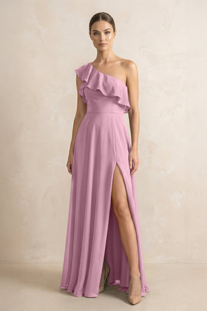 Ruffled One - Shoulder A - Line Chiffon Bridesmaid Dress in Vintage Mauve - KissProm Bridesmaid Dresses