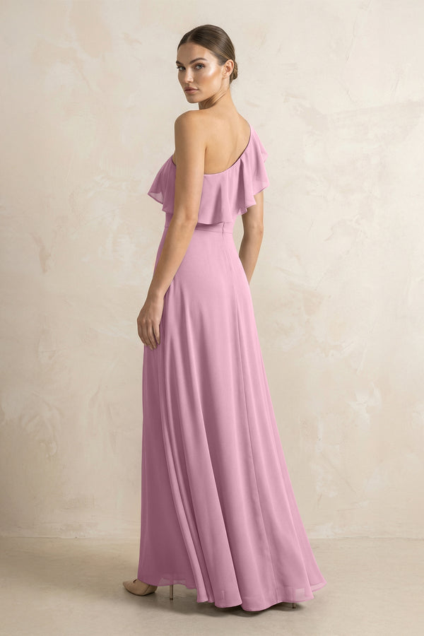 Ruffled One - Shoulder A - Line Chiffon Bridesmaid Dress in Vintage Mauve - KissProm Bridesmaid Dresses