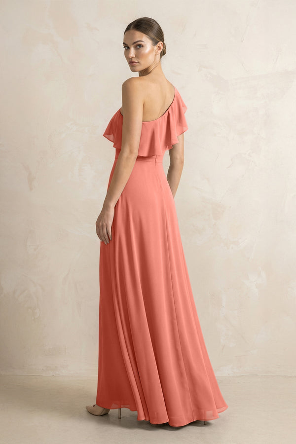 Ruffled One - Shoulder A - Line Chiffon Bridesmaid Dress in Wild Rose - KissProm Bridesmaid Dresses