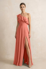 Ruffled One - Shoulder A - Line Chiffon Bridesmaid Dress in Wild Rose - KissProm Bridesmaid Dresses
