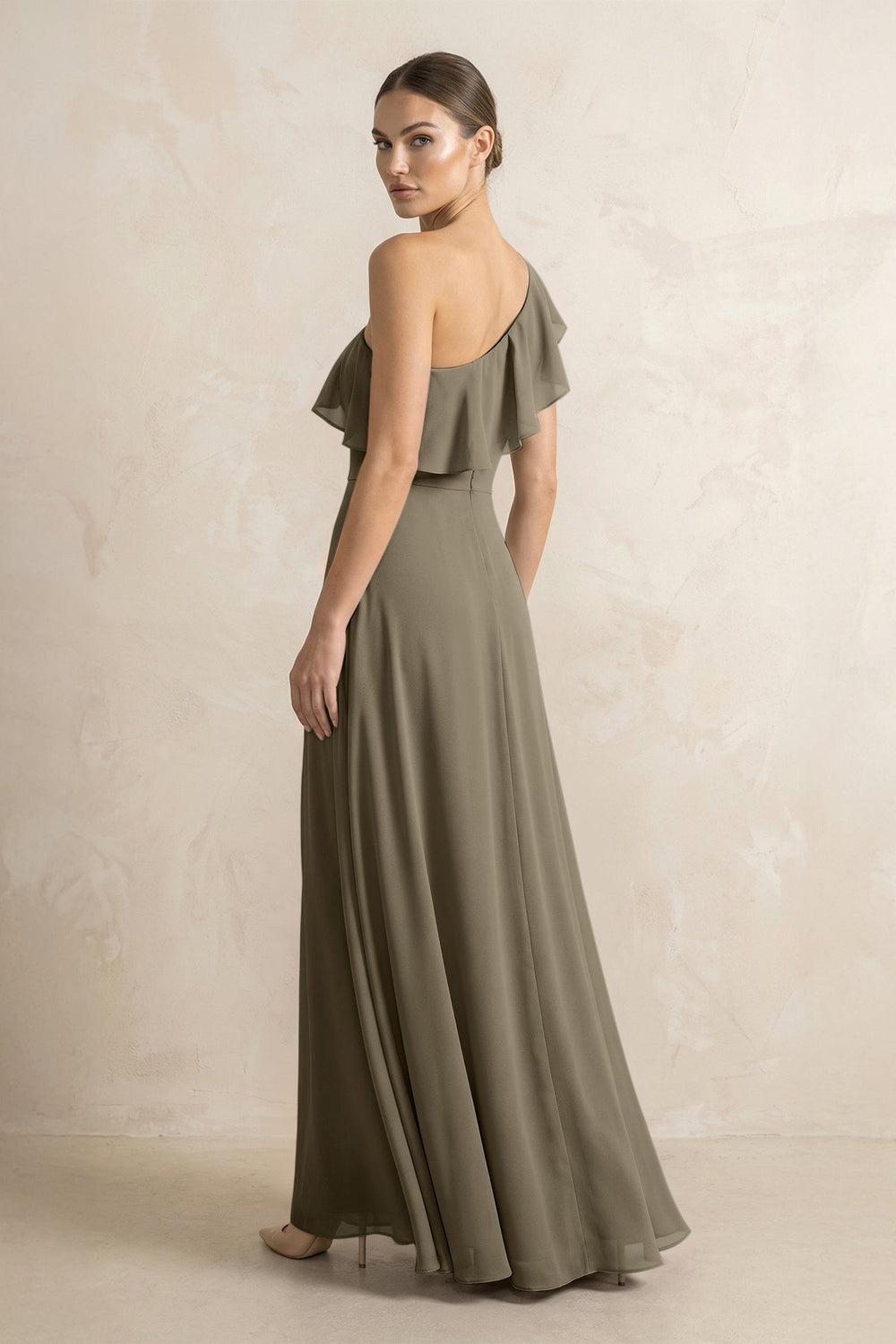 Ruffled One - Shoulder A - Line Chiffon Bridesmaid Dress in Willow Green - KissProm Bridesmaid Dresses