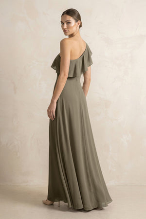 Ruffled One - Shoulder A - Line Chiffon Bridesmaid Dress in Willow Green - KissProm Bridesmaid Dresses