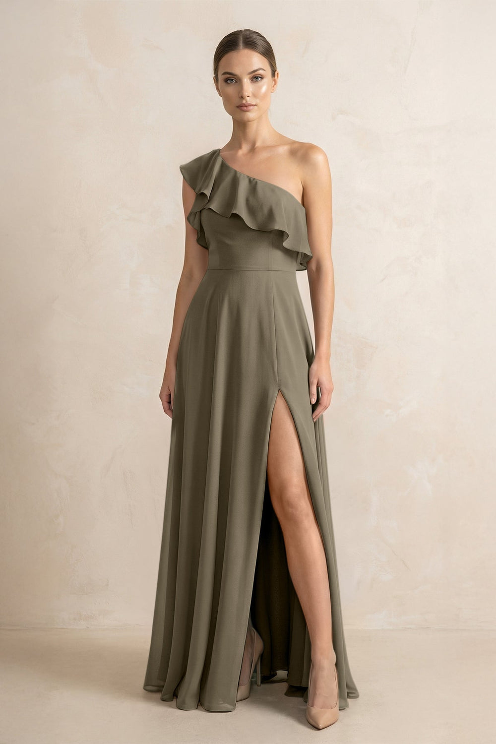 Ruffled One - Shoulder A - Line Chiffon Bridesmaid Dress in Willow Green - KissProm Bridesmaid Dresses