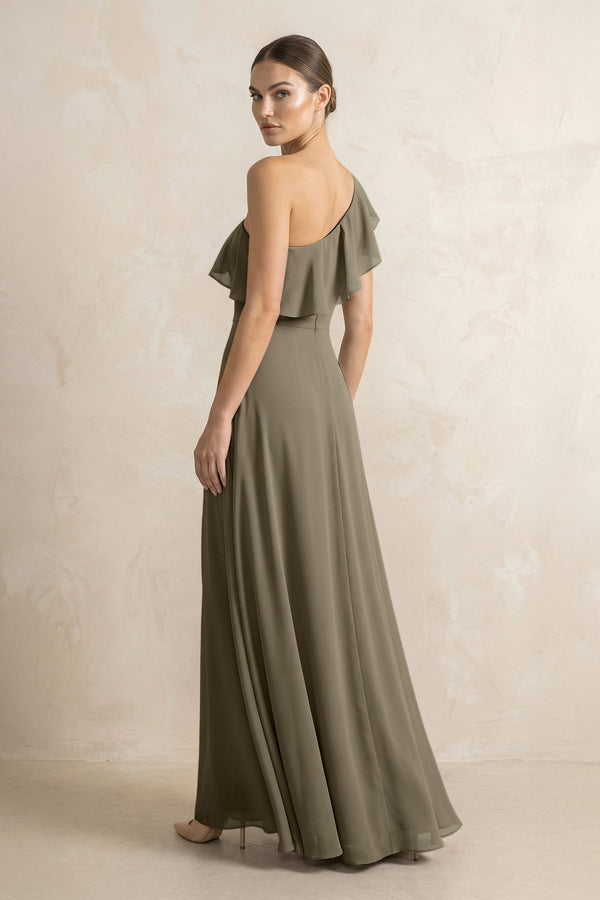 Ruffled One - Shoulder A - Line Chiffon Bridesmaid Dress in Willow Green - KissProm Bridesmaid Dresses