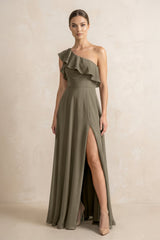 Ruffled One - Shoulder A - Line Chiffon Bridesmaid Dress in Willow Green - KissProm Bridesmaid Dresses