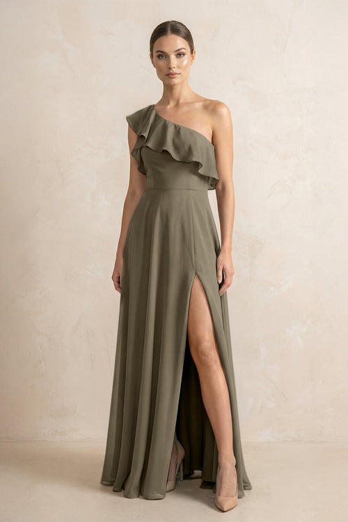 Ruffled One - Shoulder A - Line Chiffon Bridesmaid Dress in Willow Green - KissProm Bridesmaid Dresses