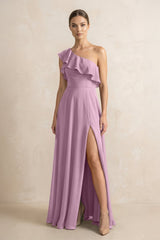 Ruffled One - Shoulder A - Line Chiffon Bridesmaid Dress in Wisteria - KissProm Bridesmaid Dresses