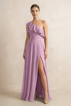 Ruffled One - Shoulder A - Line Chiffon Bridesmaid Dress in Wisteria - KissProm Bridesmaid Dresses