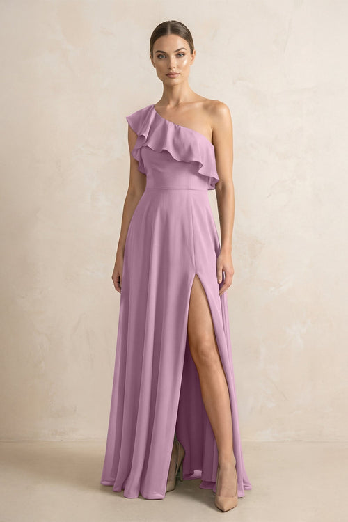 Ruffled One - Shoulder A - Line Chiffon Bridesmaid Dress in Wisteria - KissProm Bridesmaid Dresses