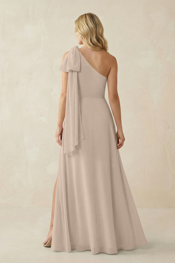 Ruffled One Shoulder Chiffon Bridesmaid Dress With Slit in Almond - KissProm BRIDESMAID DRESSES