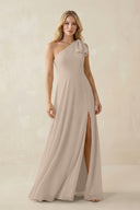Ruffled One Shoulder Chiffon Bridesmaid Dress With Slit in Almond - KissProm BRIDESMAID DRESSES