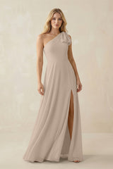 Ruffled One Shoulder Chiffon Bridesmaid Dress With Slit in Almond - KissProm BRIDESMAID DRESSES