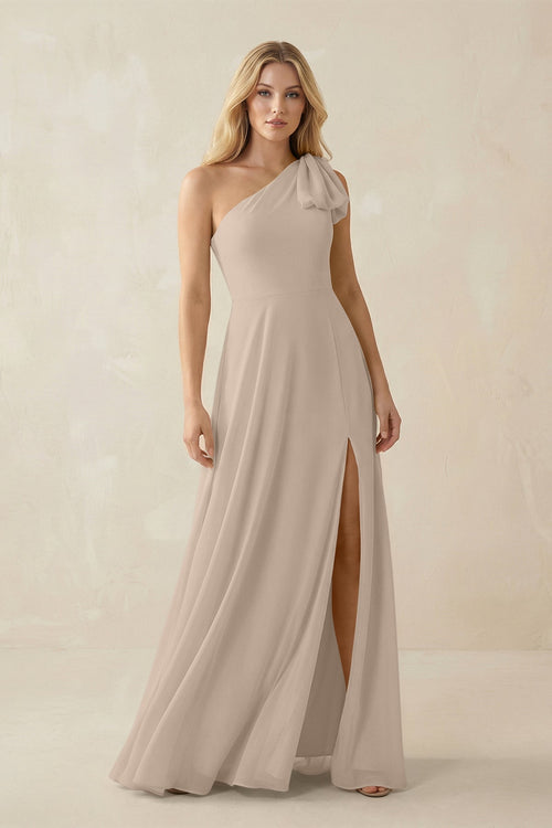 Ruffled One Shoulder Chiffon Bridesmaid Dress With Slit in Almond - KissProm BRIDESMAID DRESSES