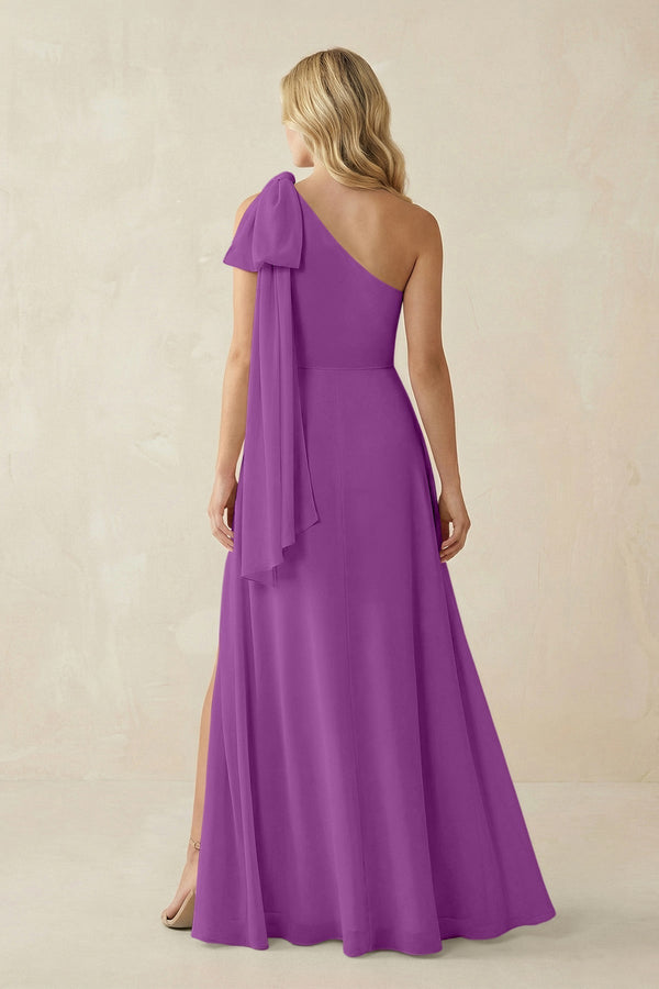 Ruffled One Shoulder Chiffon Bridesmaid Dress With Slit in Amethyst - KissProm BRIDESMAID DRESSES