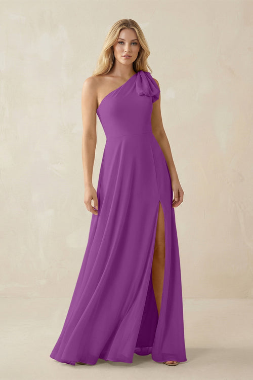 Ruffled One Shoulder Chiffon Bridesmaid Dress With Slit in Amethyst - KissProm BRIDESMAID DRESSES