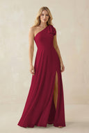 Ruffled One Shoulder Chiffon Bridesmaid Dress With Slit in Berry - KissProm BRIDESMAID DRESSES