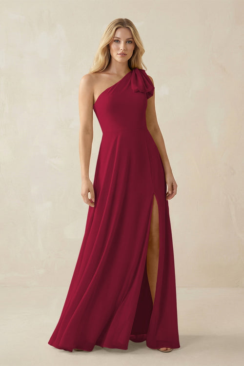Ruffled One Shoulder Chiffon Bridesmaid Dress With Slit in Berry - KissProm BRIDESMAID DRESSES