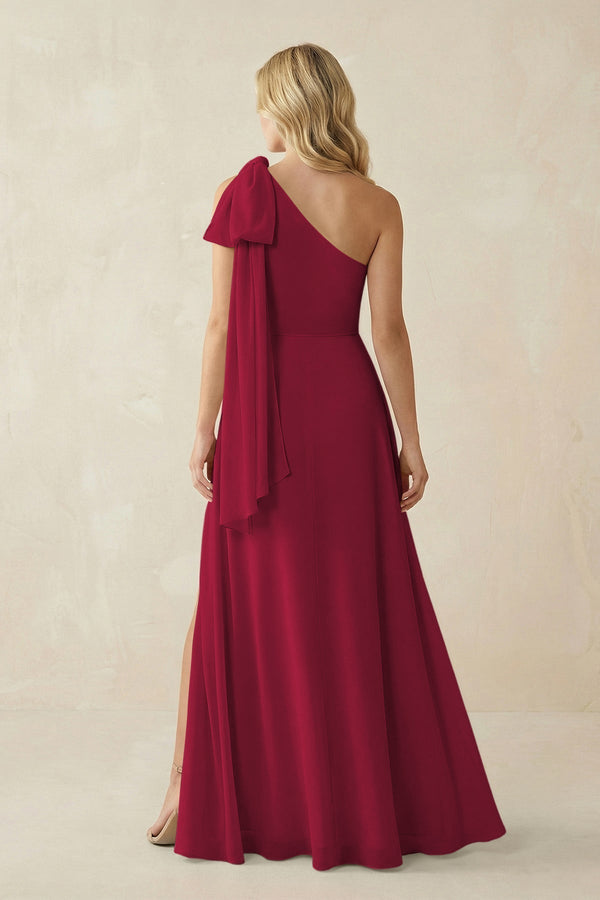 Ruffled One Shoulder Chiffon Bridesmaid Dress With Slit in Berry - KissProm BRIDESMAID DRESSES