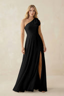 Ruffled One Shoulder Chiffon Bridesmaid Dress With Slit in Black - KissProm BRIDESMAID DRESSES