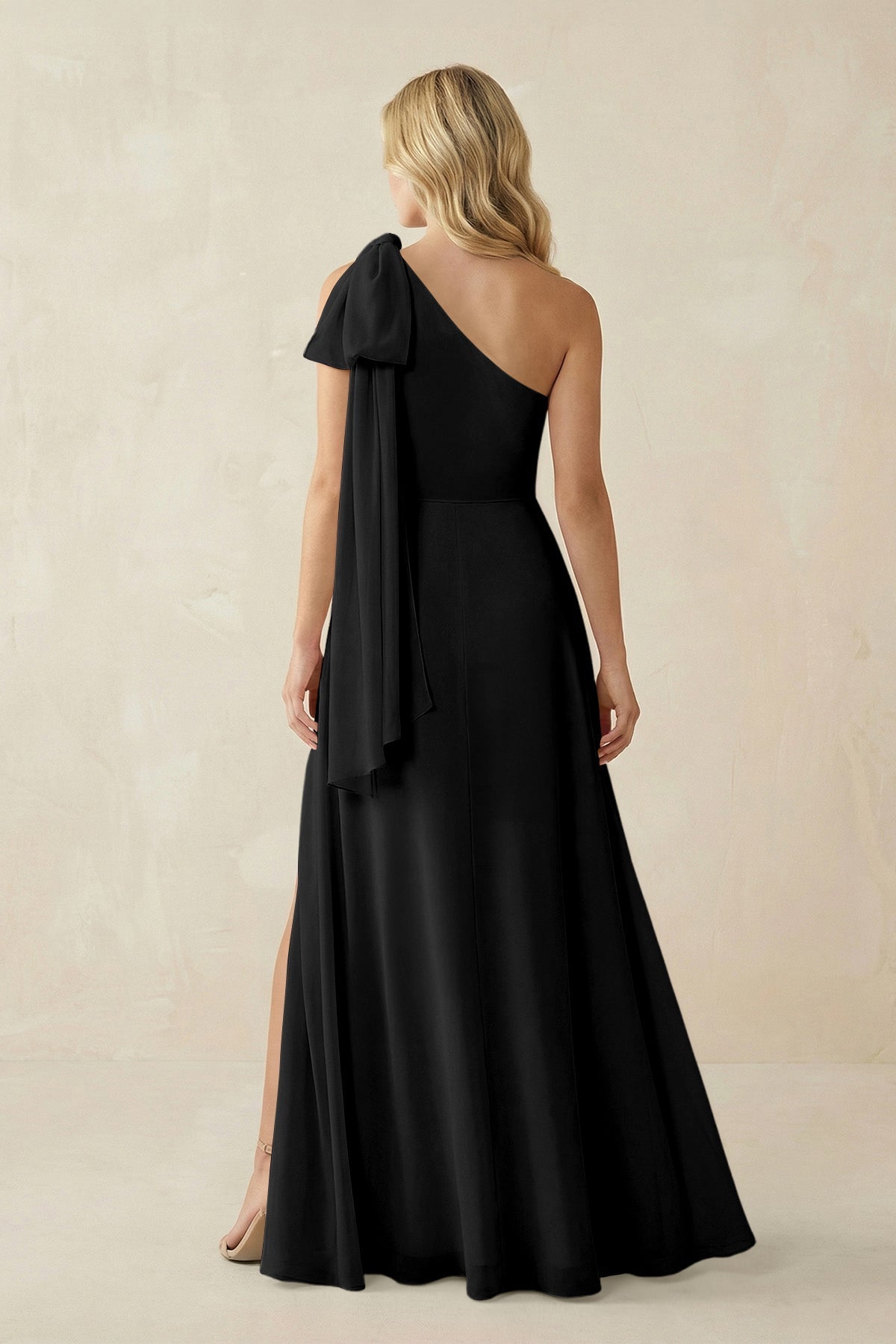KissProm Ruffled One Shoulder Chiffon Bridesmaid Dress With Slit in Black, Black / Custom Size( Free )