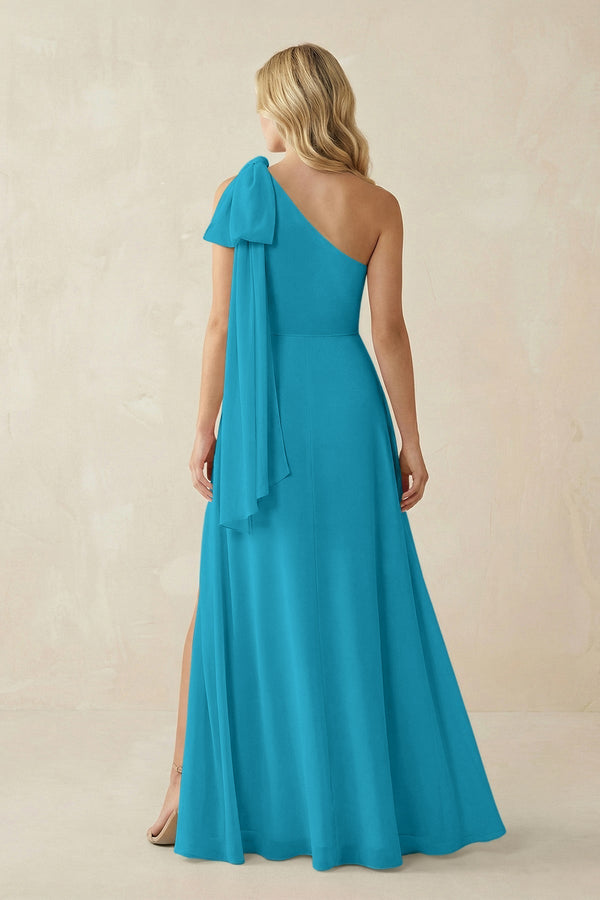 Ruffled One Shoulder Chiffon Bridesmaid Dress With Slit in Blue Jay - KissProm BRIDESMAID DRESSES