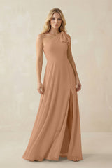 Ruffled One Shoulder Chiffon Bridesmaid Dress With Slit in Bronzer - KissProm BRIDESMAID DRESSES