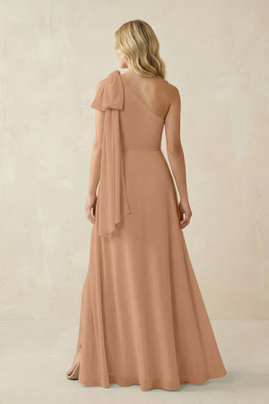 Ruffled One Shoulder Chiffon Bridesmaid Dress With Slit in Bronzer - KissProm BRIDESMAID DRESSES