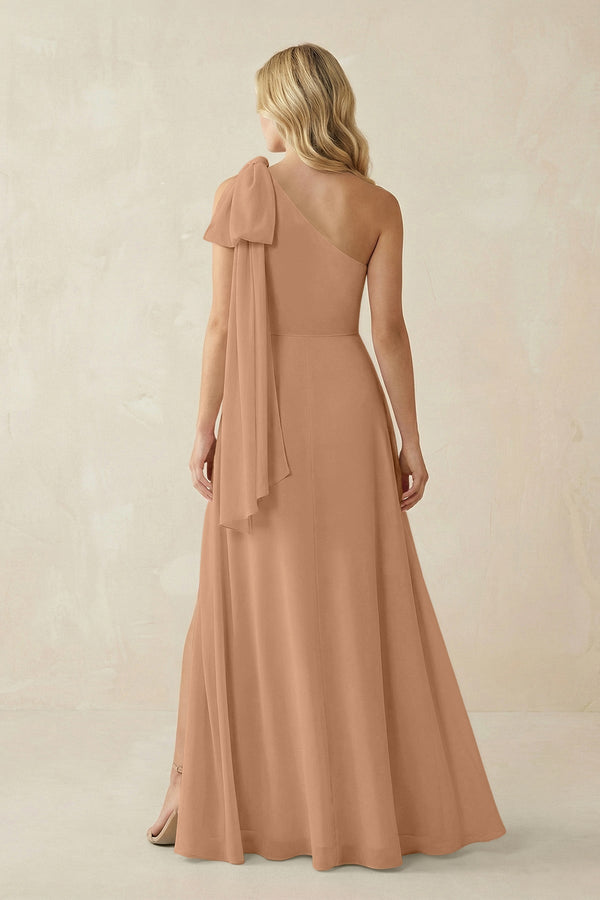 Ruffled One Shoulder Chiffon Bridesmaid Dress With Slit in Bronzer - KissProm BRIDESMAID DRESSES