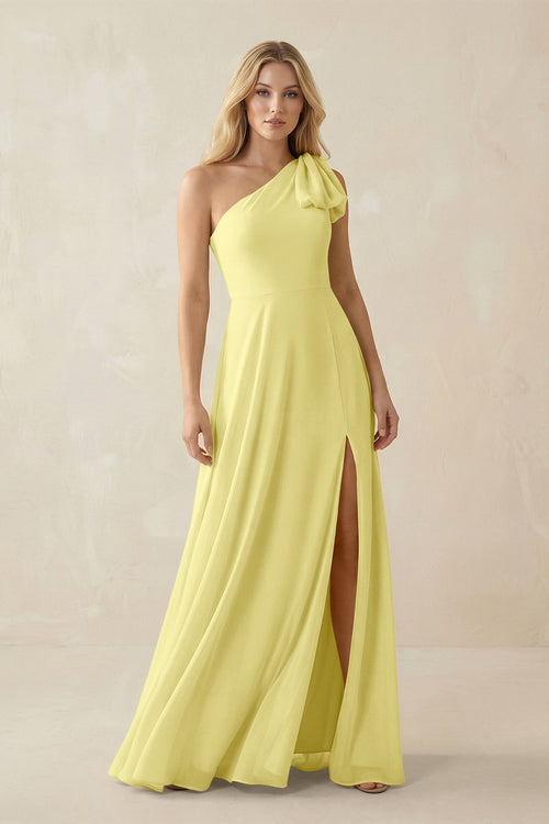Ruffled One Shoulder Chiffon Bridesmaid Dress With Slit in Buttercup - KissProm BRIDESMAID DRESSES