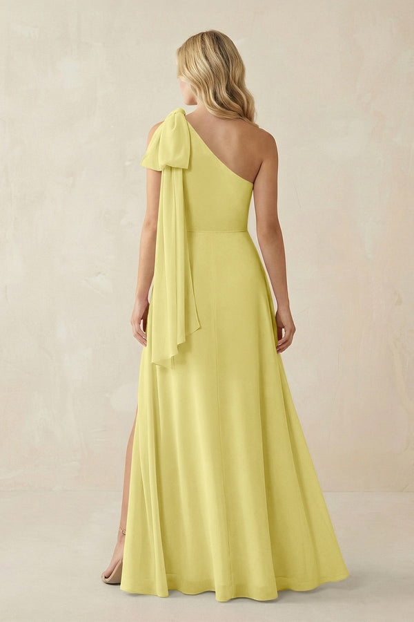 Ruffled One Shoulder Chiffon Bridesmaid Dress With Slit in Buttercup - KissProm BRIDESMAID DRESSES