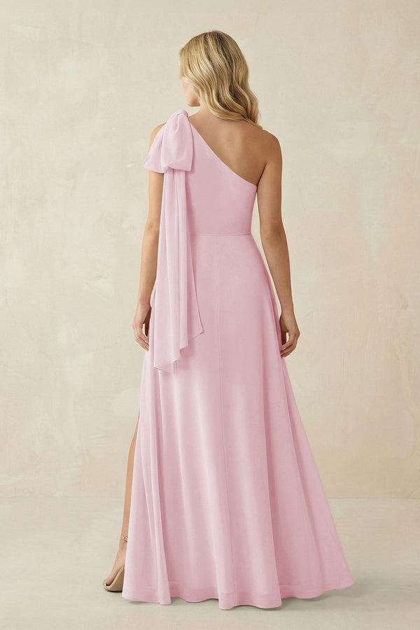 Ruffled One Shoulder Chiffon Bridesmaid Dress With Slit in Candy Pink - KissProm BRIDESMAID DRESSES