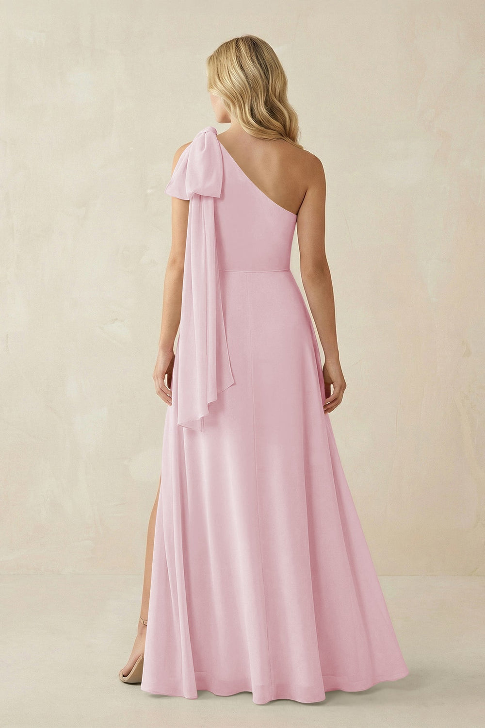 Ruffled One Shoulder Chiffon Bridesmaid Dress With Slit in Candy Pink - KissProm BRIDESMAID DRESSES
