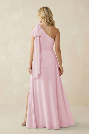 Ruffled One Shoulder Chiffon Bridesmaid Dress With Slit in Candy Pink - KissProm BRIDESMAID DRESSES