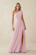 Ruffled One Shoulder Chiffon Bridesmaid Dress With Slit in Candy Pink - KissProm BRIDESMAID DRESSES