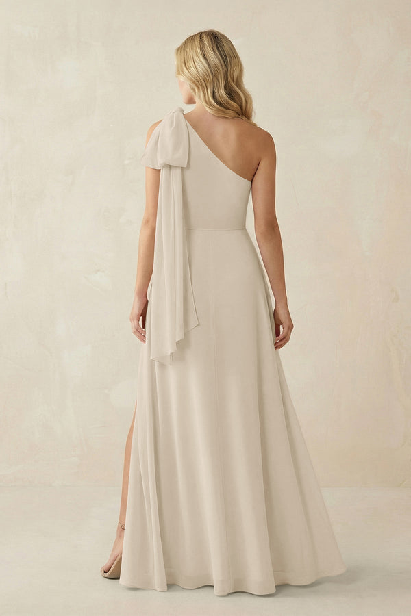 Ruffled One Shoulder Chiffon Bridesmaid Dress With Slit in Champagne - KissProm BRIDESMAID DRESSES