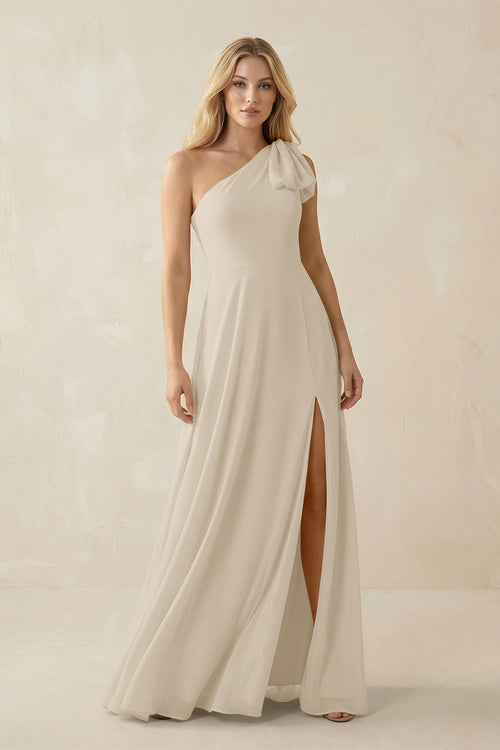 Ruffled One Shoulder Chiffon Bridesmaid Dress With Slit in Champagne - KissProm BRIDESMAID DRESSES