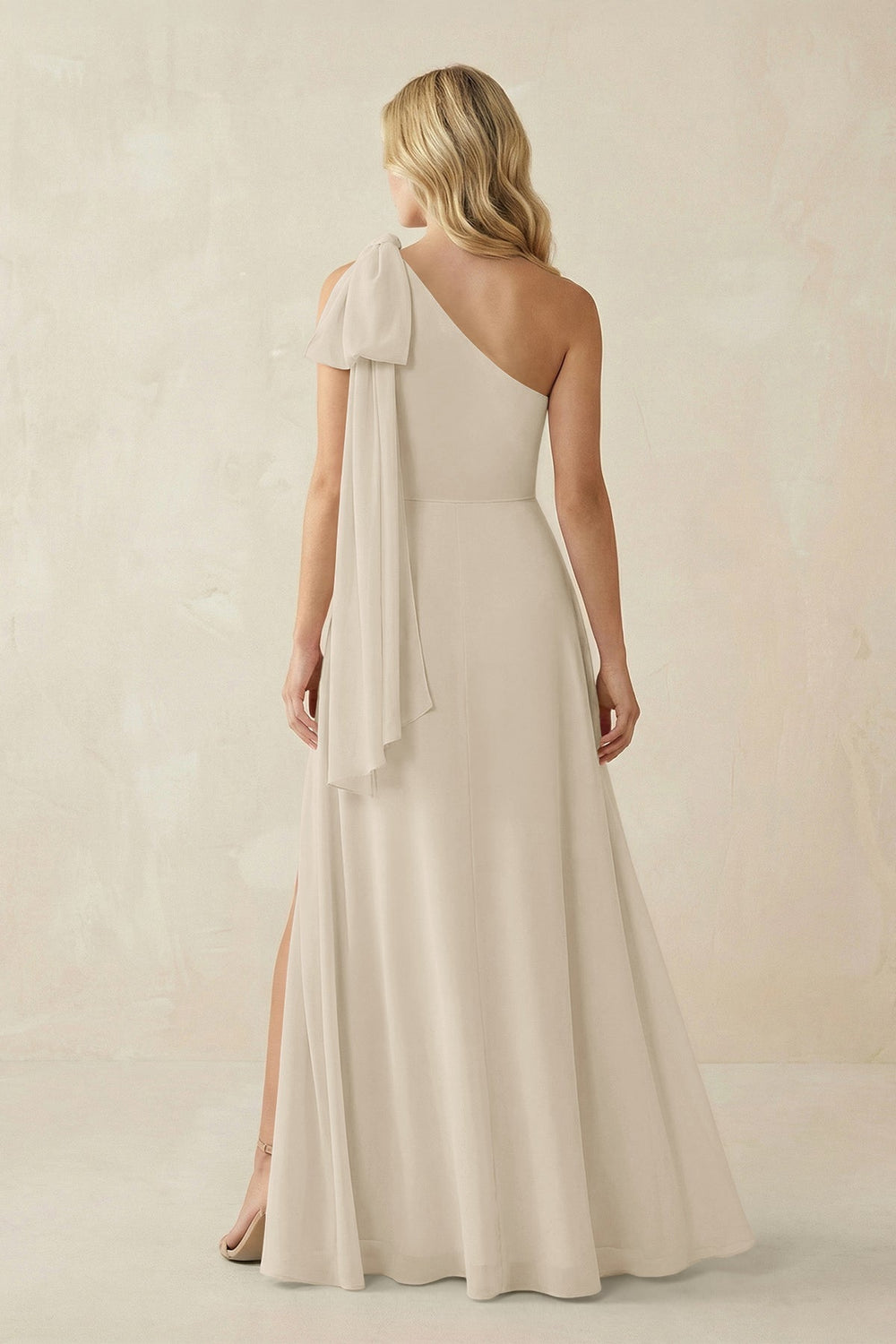 Ruffled One Shoulder Chiffon Bridesmaid Dress With Slit in Champagne - KissProm BRIDESMAID DRESSES