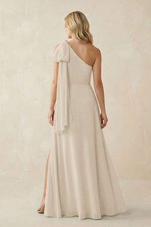 Ruffled One Shoulder Chiffon Bridesmaid Dress With Slit in Champagne - KissProm BRIDESMAID DRESSES