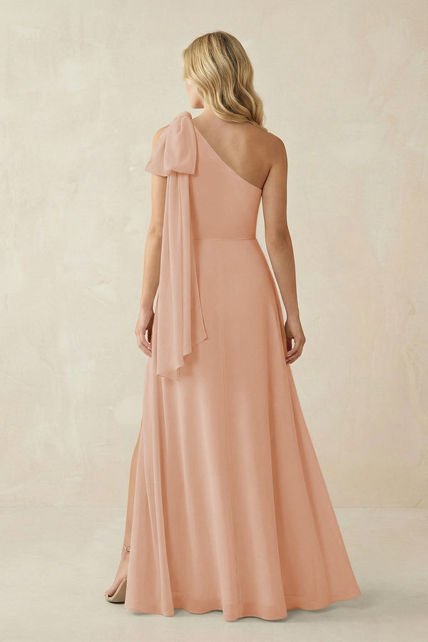 Ruffled One Shoulder Chiffon Bridesmaid Dress With Slit in Champagne Rose - KissProm BRIDESMAID DRESSES