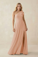 Ruffled One Shoulder Chiffon Bridesmaid Dress With Slit in Champagne Rose - KissProm BRIDESMAID DRESSES