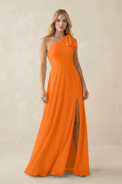 Ruffled One Shoulder Chiffon Bridesmaid Dress With Slit in Cinnamon - KissProm BRIDESMAID DRESSES