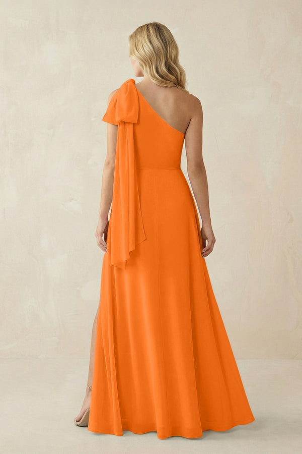 Ruffled One Shoulder Chiffon Bridesmaid Dress With Slit in Cinnamon - KissProm BRIDESMAID DRESSES