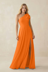 Ruffled One Shoulder Chiffon Bridesmaid Dress With Slit in Cinnamon - KissProm BRIDESMAID DRESSES