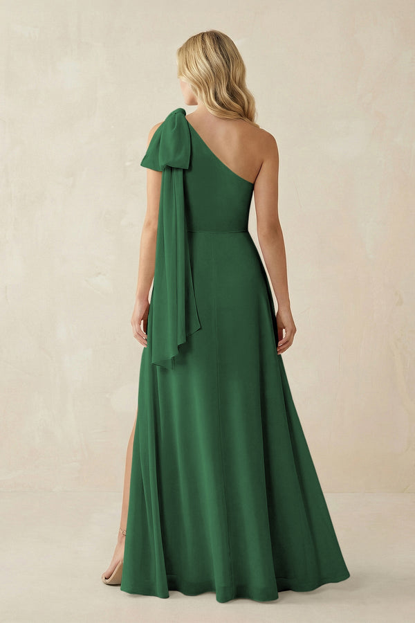 Ruffled One Shoulder Chiffon Bridesmaid Dress With Slit in Dark Green - KissProm BRIDESMAID DRESSES