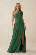 Ruffled One Shoulder Chiffon Bridesmaid Dress With Slit in Dark Green - KissProm BRIDESMAID DRESSES