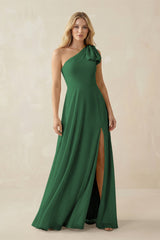Ruffled One Shoulder Chiffon Bridesmaid Dress With Slit in Dark Green - KissProm BRIDESMAID DRESSES