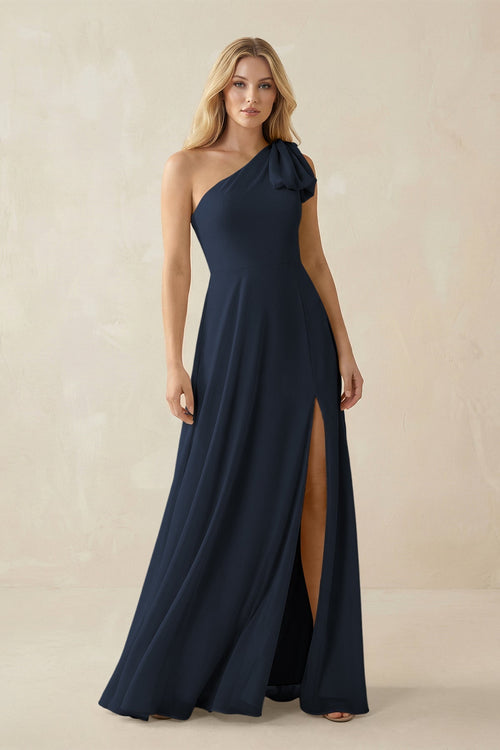 Ruffled One Shoulder Chiffon Bridesmaid Dress With Slit in Dark Navy - KissProm BRIDESMAID DRESSES